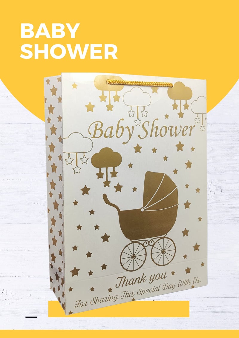 TASCHE Gold Baby Shower and Trolly Baby Shower Design Printed Assorted Paper Carry Bags | Gift Bags for Return gifts, and Birthday presents (11 * 8 * 3 Inches) (Pack of 24) - Image 2