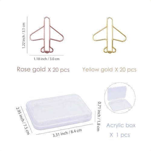 OWLFAVO 40pcs Airplane Shape Paper Clips with Clear Box, Rose Gold and Yellow Gold, Funny Cute Paperclips Bookmarks Planner Clips for Fun Office Supplies School Gifts Wedding Decoration - Image 2