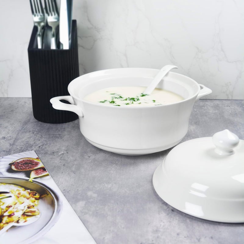 dingdaer Casserole Dishes with Lid and soup spoon, Ceramic Serving Soup Tureen for Oven, 1.8 QT White French Serving Tureen, Lovely Soup Pot for Pasta Noodles Stew, Casserole Cookware Microwave Safe - Image 2