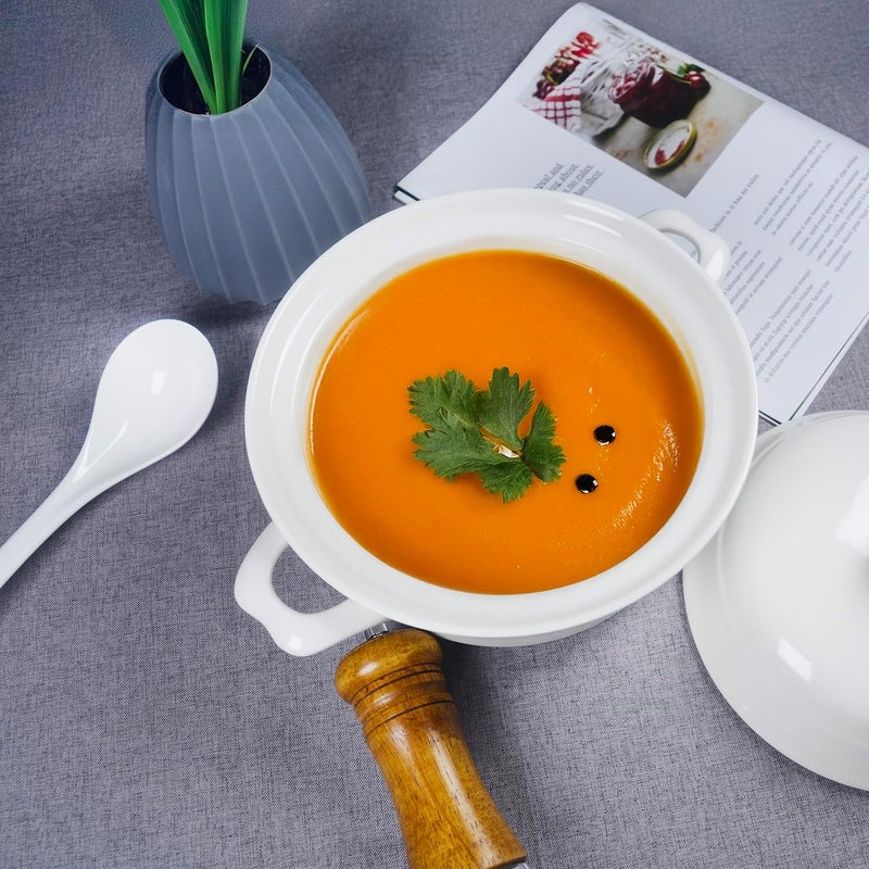 dingdaer Casserole Dishes with Lid and soup spoon, Ceramic Serving Soup Tureen for Oven, 1.8 QT White French Serving Tureen, Lovely Soup Pot for Pasta Noodles Stew, Casserole Cookware Microwave Safe - Image 5