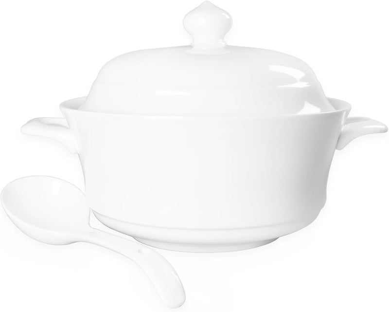 dingdaer Casserole Dishes with Lid and soup spoon, Ceramic Serving Soup Tureen for Oven, 1.8 QT White French Serving Tureen, Lovely Soup Pot for Pasta Noodles Stew, Casserole Cookware Microwave Safe - Image 1