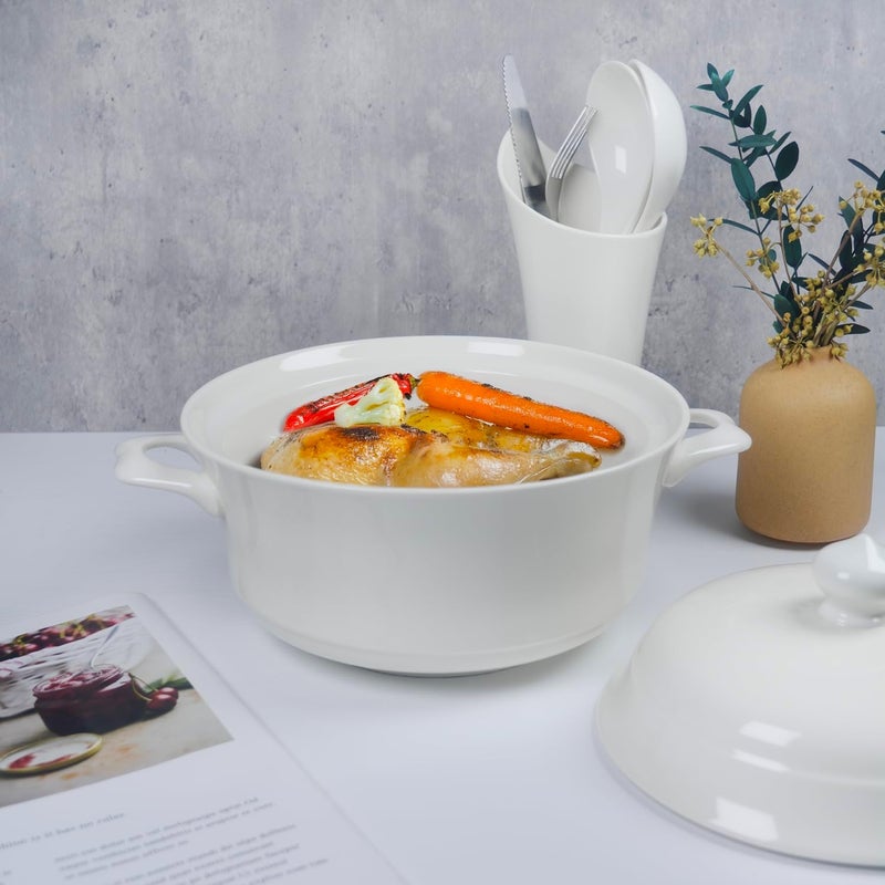 dingdaer Casserole Dishes with Lid and soup spoon, Ceramic Serving Soup Tureen for Oven, 1.8 QT White French Serving Tureen, Lovely Soup Pot for Pasta Noodles Stew, Casserole Cookware Microwave Safe - Image 4
