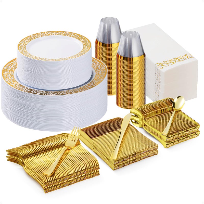 Bestluck 350PCS Gold Plastic Dinnerware Set for 50 Guests Disposable Plates for Party Wedding and Dinner Include 50 Dinner Plates 50 Dessert Plates 50 Set Silverware 50 Cups 50 Napkins