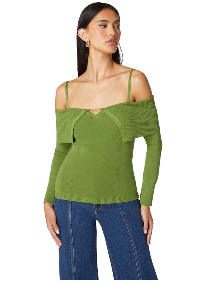 bebe Off Shoulder Fold Over Chain Detail Sweater  - Image 1