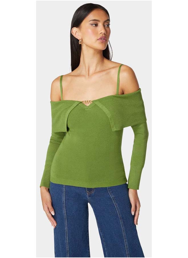 bebe Off Shoulder Fold Over Chain Detail Sweater  - Image 2