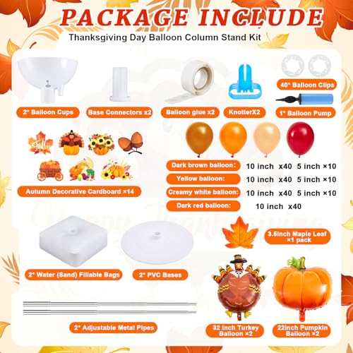 Gejoy 2 Set Thanksgiving Fall Balloon Column Stand Set with 194 Pcs Fall Turkey Pumpkin Balloons 50 Maple Leaves 14 Cards 65 ft Adjustable Tower Pillar with Metal Telescopic for Thanksgiving Party - Image 5
