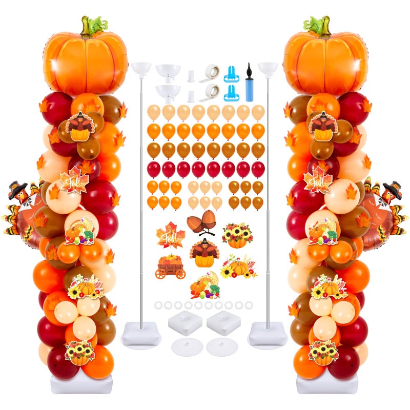 Gejoy 2 Set Thanksgiving Fall Balloon Column Stand Set with 194 Pcs Fall Turkey Pumpkin Balloons 50 Maple Leaves 14 Cards 65 ft Adjustable Tower Pillar with Metal Telescopic for Thanksgiving Party - Image 2