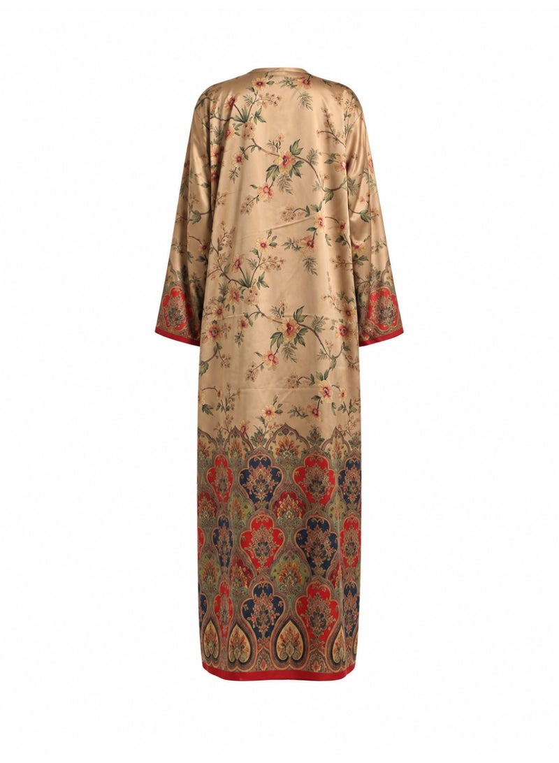 Amnad International Champagne Beige Floral Abaya Set | East Asian-Inspired Botanical Print with Ornate Border, Wide Sleeves & Matching Hijab | Sizes 52–60 - Image 5