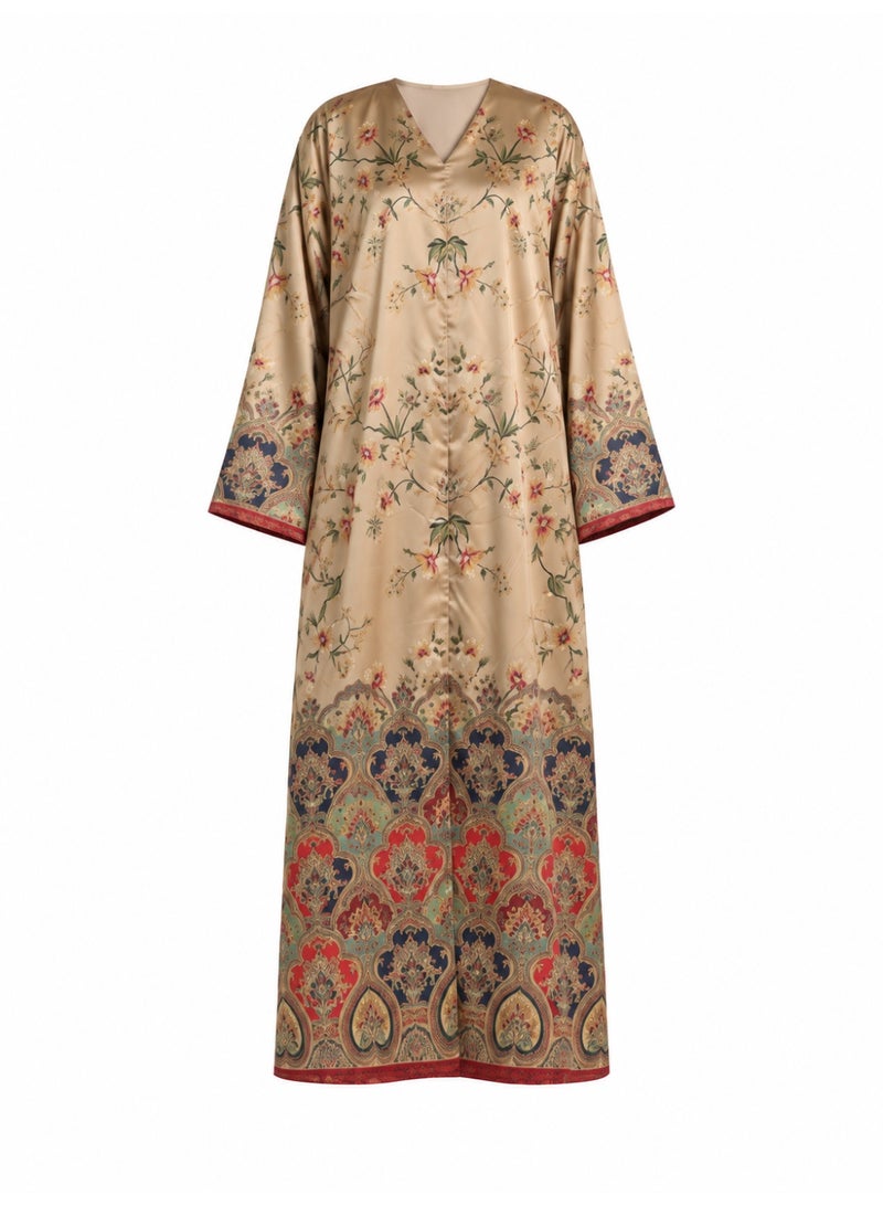 Amnad International Champagne Beige Floral Abaya Set | East Asian-Inspired Botanical Print with Ornate Border, Wide Sleeves & Matching Hijab | Sizes 52–60 - Image 1