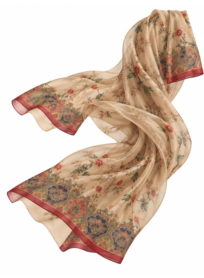 Amnad International Champagne Beige Floral Abaya Set | East Asian-Inspired Botanical Print with Ornate Border, Wide Sleeves & Matching Hijab | Sizes 52–60 - Image 4