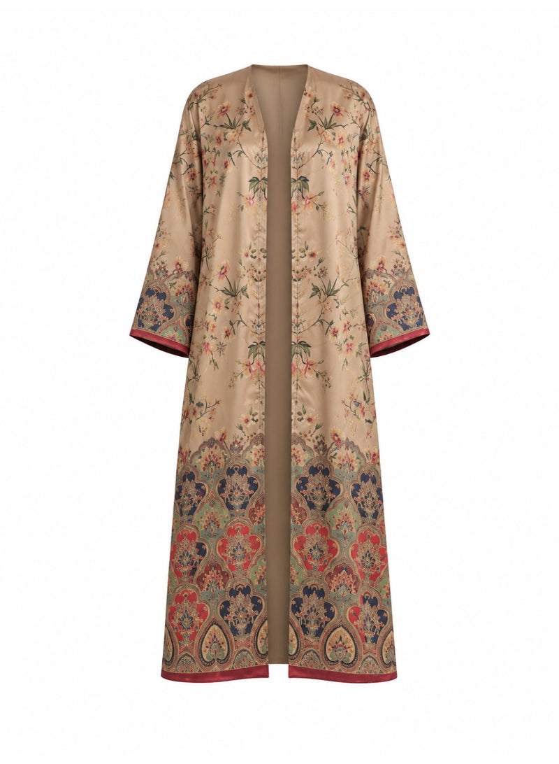 Amnad International Champagne Beige Floral Abaya Set | East Asian-Inspired Botanical Print with Ornate Border, Wide Sleeves & Matching Hijab | Sizes 52–60 - Image 3