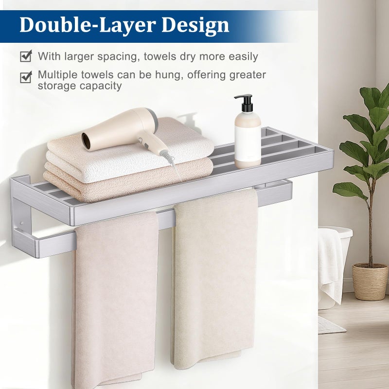 TNOMS Brushed Nickel Double Towel Rack for Bathroom,Multi-Layer Towel Bar/Towel Holder Stainless Steel Wall-Mounted Bathroom Hardware Accessories 23.6-inch - Image 2