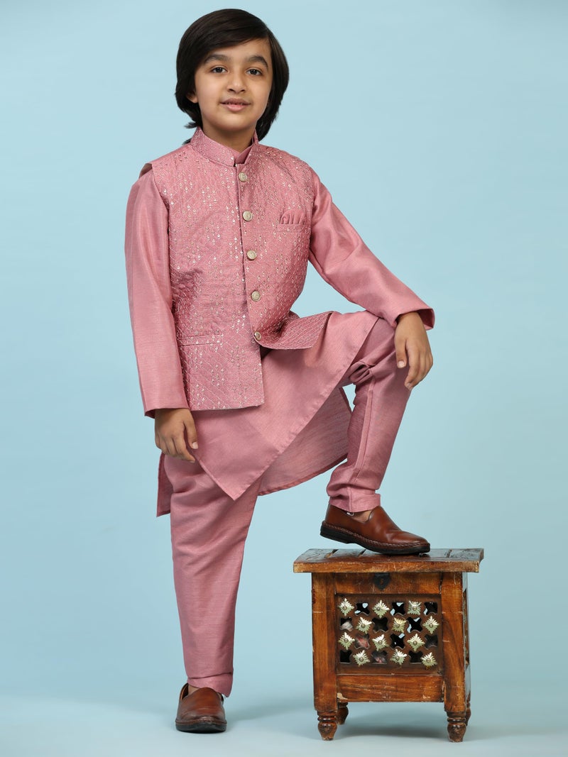 Pro-Ethic Style Developer Kurta Pajama for Kids Boys with Waistcoat | Silk | Floral | Traditional Dress (S-240) 6-7 years, Pink - Image 2