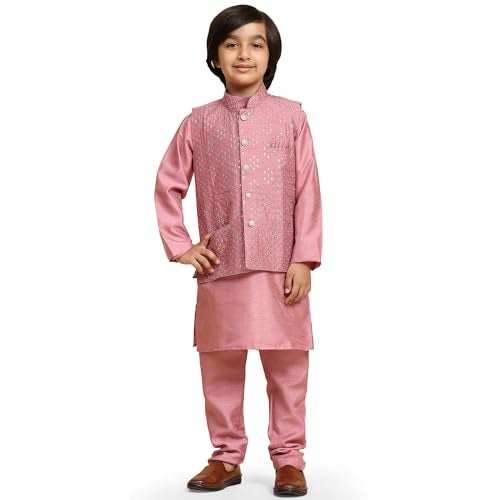 Pro-Ethic Style Developer Kurta Pajama for Kids Boys with Waistcoat | Silk | Floral | Traditional Dress (S-240) 6-7 years, Pink - Image 1