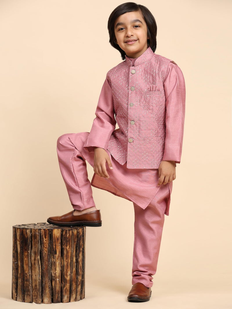 Pro-Ethic Style Developer Kurta Pajama for Kids Boys with Waistcoat | Silk | Floral | Traditional Dress (S-240) 6-7 years, Pink - Image 3