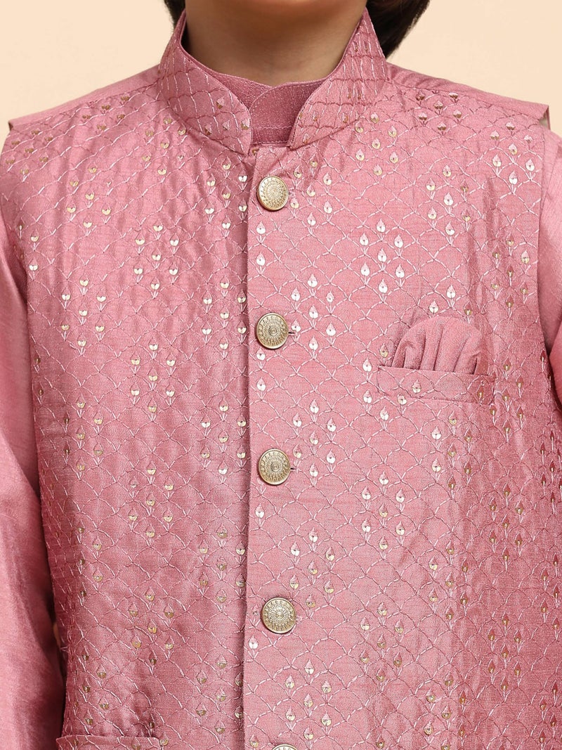 Pro-Ethic Style Developer Kurta Pajama for Kids Boys with Waistcoat | Silk | Floral | Traditional Dress (S-240) 6-7 years, Pink - Image 5