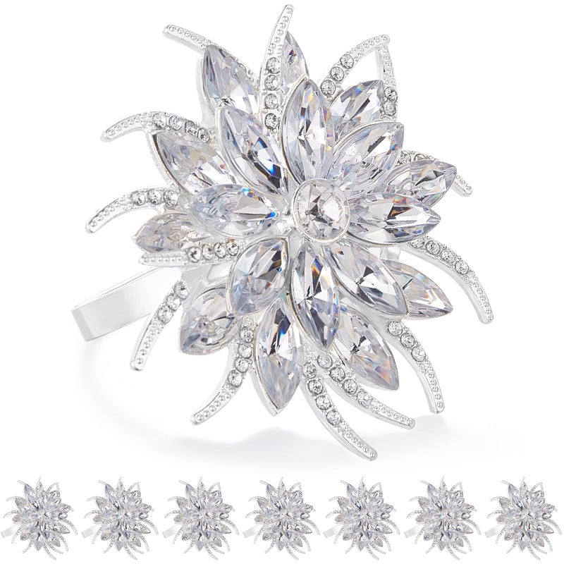 ZeeDix Christmas Flower Napkin Rings Set of 8 Silver Lotus Elegant Rhinestone Napkin Ring Serviette Buckles Holder for Wedding Birthday Christmas Holiday Party Home Kitchen Dinner Table Decoration