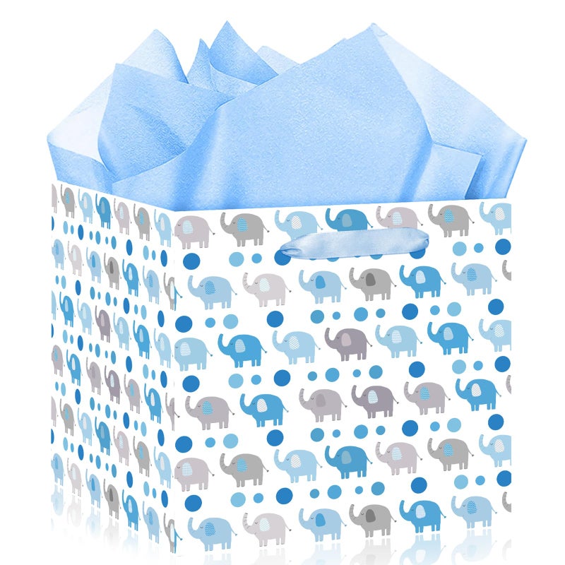 Woosytoo Extra Large Baby Boy Gift Bags - Blue Elephant Square Gift Bag with Wrapping Paper Jumbo Baby Shower Wrapping Paper Bag for Newborn Congratulations Gifts It's a Boy Party Favors Decor - Image 1
