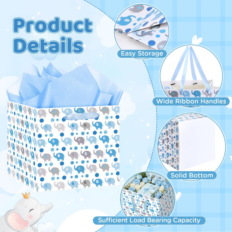 Woosytoo Extra Large Baby Boy Gift Bags - Blue Elephant Square Gift Bag with Wrapping Paper Jumbo Baby Shower Wrapping Paper Bag for Newborn Congratulations Gifts It's a Boy Party Favors Decor - Image 4