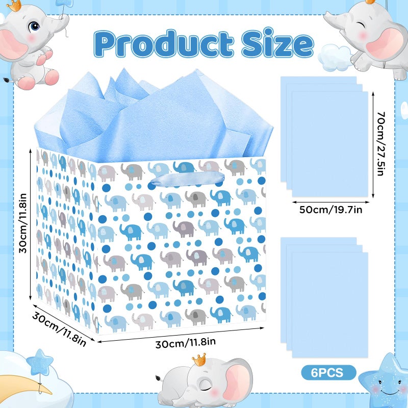 Woosytoo Extra Large Baby Boy Gift Bags - Blue Elephant Square Gift Bag with Wrapping Paper Jumbo Baby Shower Wrapping Paper Bag for Newborn Congratulations Gifts It's a Boy Party Favors Decor - Image 3