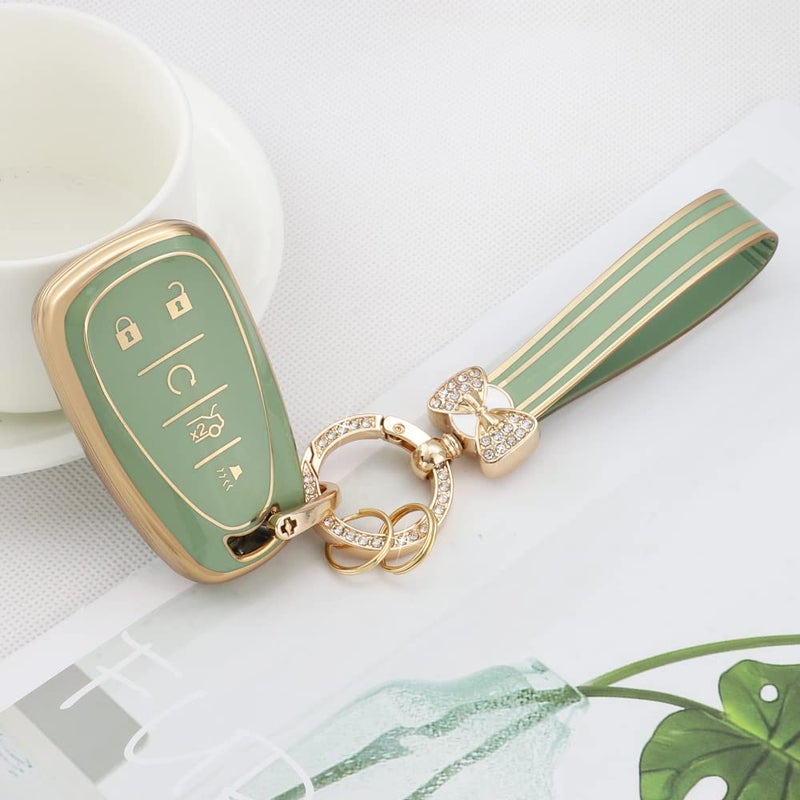 PIFOOG Key Fob Cover for Chevy 5 Buttons Keys Shell Case TPU Bling Car Keychain Protector Accessories for Equinox Malibu Blazer Camaro Spark Traverse Trax Green Gold Women Men Cute - Image 2