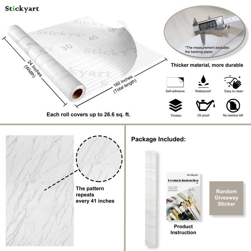 Stickyart 24"x160" Marble Contact Paper for Countertops Waterproof Marble Wallpaper Peel and Stick for Kitchen Island Matte White Countertop Contact Paper Removable Self Adhesive for Cabinets Table - Image 5