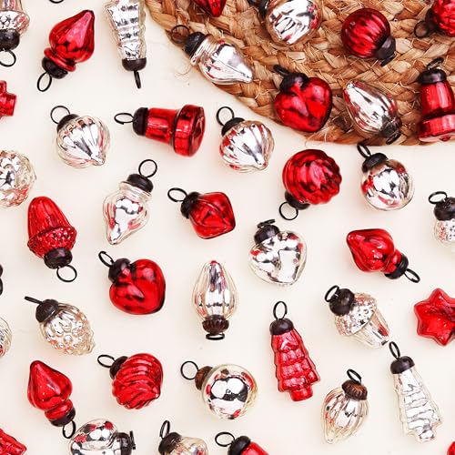 Indian-Shelf 300 Pieces Glass Red Silver Christmas Ornaments Decorative Mercury Mini Vintage Bulk Hanging Ornaments for Halloween Christmas Tree New Year Valentine Day Holidays Event and Wedding Party Decor  - Image 1