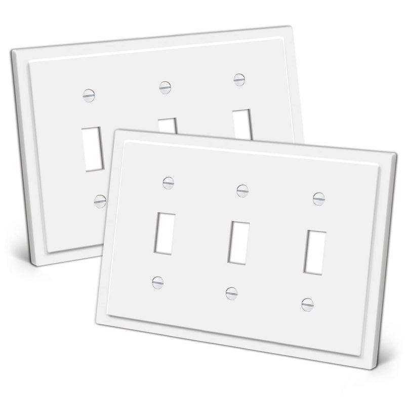 CML 3Gang Modern Framed Toggle Light Switch Wall Plate Decorative Triple Outlet Covers Impact Resistant Polycarbonate Standard Size 687X 487 White 2 Pack