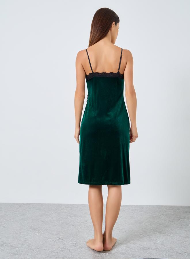 Styli Velvet Contrast Lace Trim Thigh Slit Slip Dress - Image 4