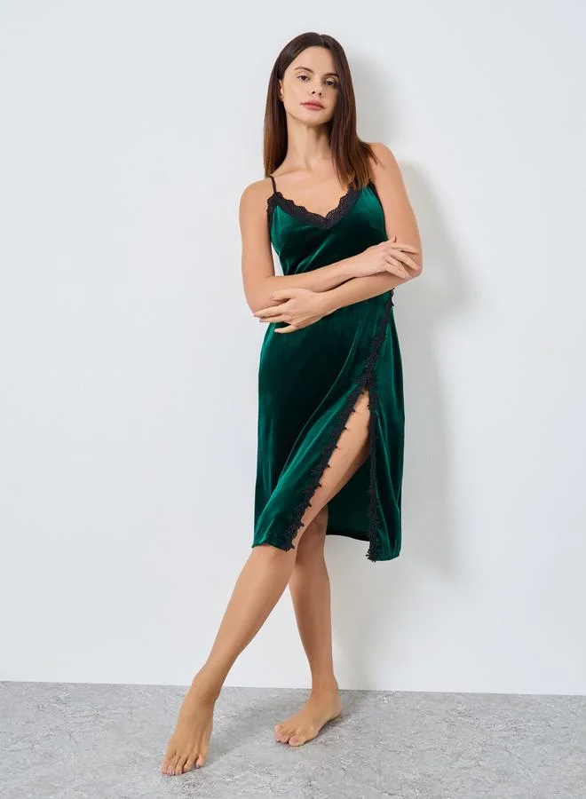 Styli Velvet Contrast Lace Trim Thigh Slit Slip Dress