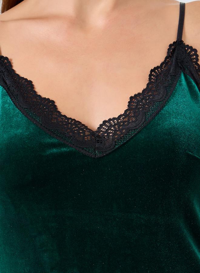 Styli Velvet Contrast Lace Trim Thigh Slit Slip Dress - Image 3