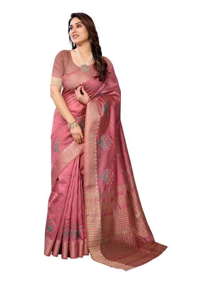 Sidhidata Sidhidata Women's Assam Cotton Silk Golden Boarder Thread Embroidered Saree With Unstitched Blouse Piece (Ulajh Onion_Onion_Free Size) - Image 1