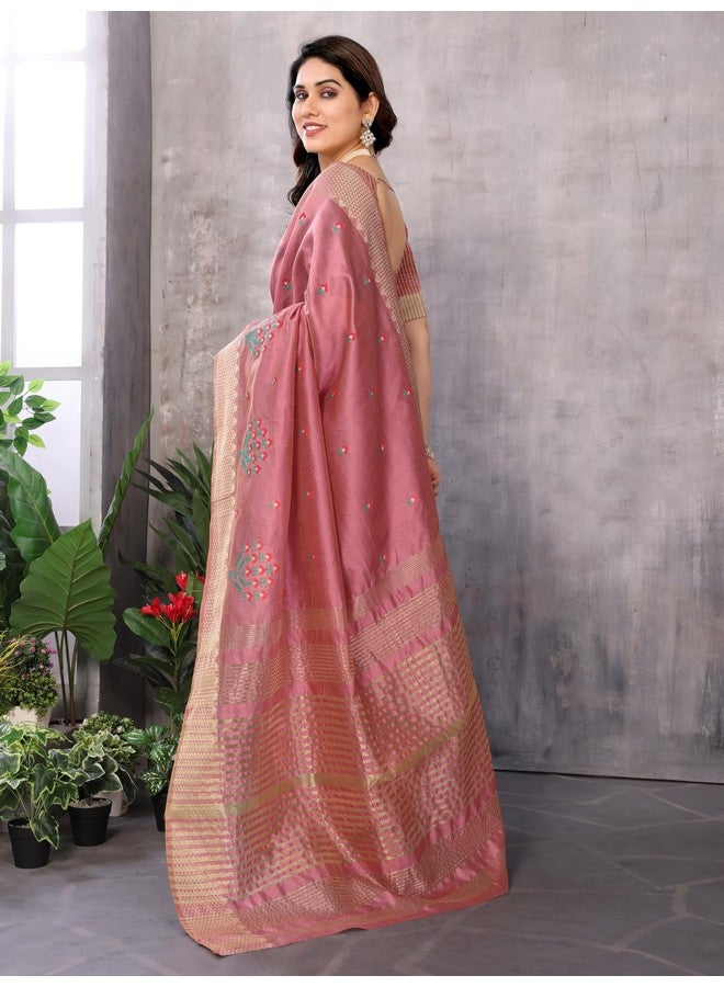 Sidhidata Sidhidata Women's Assam Cotton Silk Golden Boarder Thread Embroidered Saree With Unstitched Blouse Piece (Ulajh Onion_Onion_Free Size) - Image 3