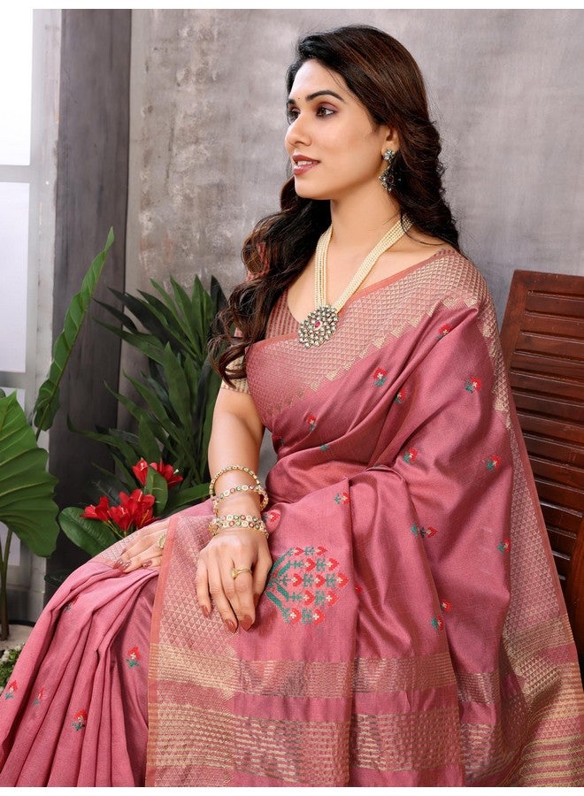 Sidhidata Sidhidata Women's Assam Cotton Silk Golden Boarder Thread Embroidered Saree With Unstitched Blouse Piece (Ulajh Onion_Onion_Free Size) - Image 2