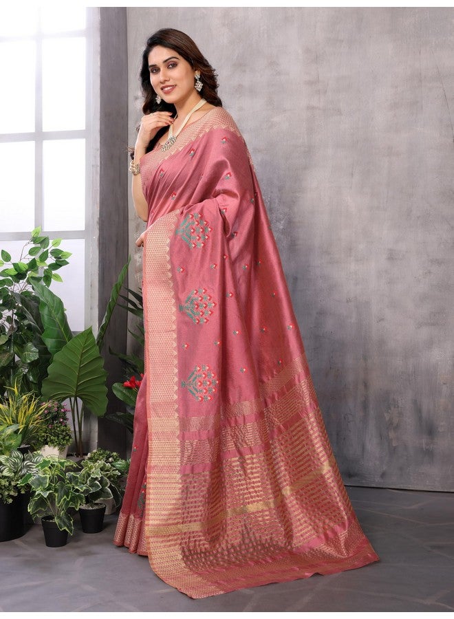 Sidhidata Sidhidata Women's Assam Cotton Silk Golden Boarder Thread Embroidered Saree With Unstitched Blouse Piece (Ulajh Onion_Onion_Free Size) - Image 5