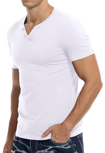 KUYIGO Mens Fashion Casual Short Sleeve V Neck Shirts Basic Design Slim Fit Henley T-Shirts White Large - Image 5
