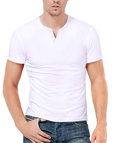 KUYIGO Mens Fashion Casual Short Sleeve V Neck Shirts Basic Design Slim Fit Henley T-Shirts White Large - Image 2