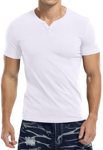 KUYIGO Mens Fashion Casual Short Sleeve V Neck Shirts Basic Design Slim Fit Henley T-Shirts White Large - Image 4