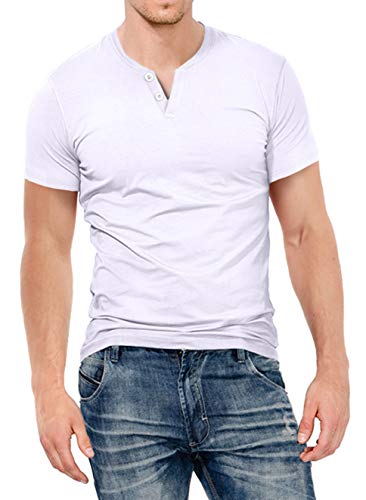 KUYIGO Mens Fashion Casual Short Sleeve V Neck Shirts Basic Design Slim Fit Henley T-Shirts White Large - Image 1