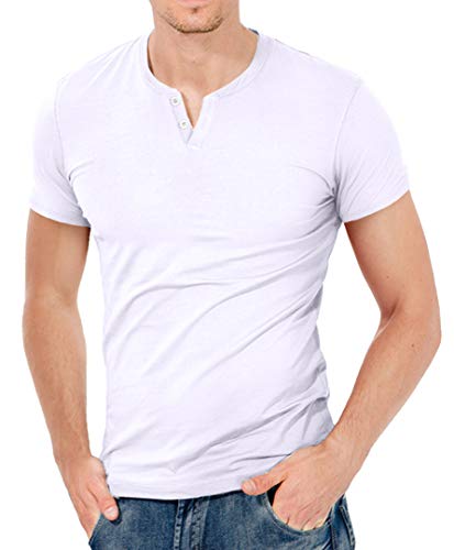 KUYIGO Mens Fashion Casual Short Sleeve V Neck Shirts Basic Design Slim Fit Henley T-Shirts White Large - Image 3