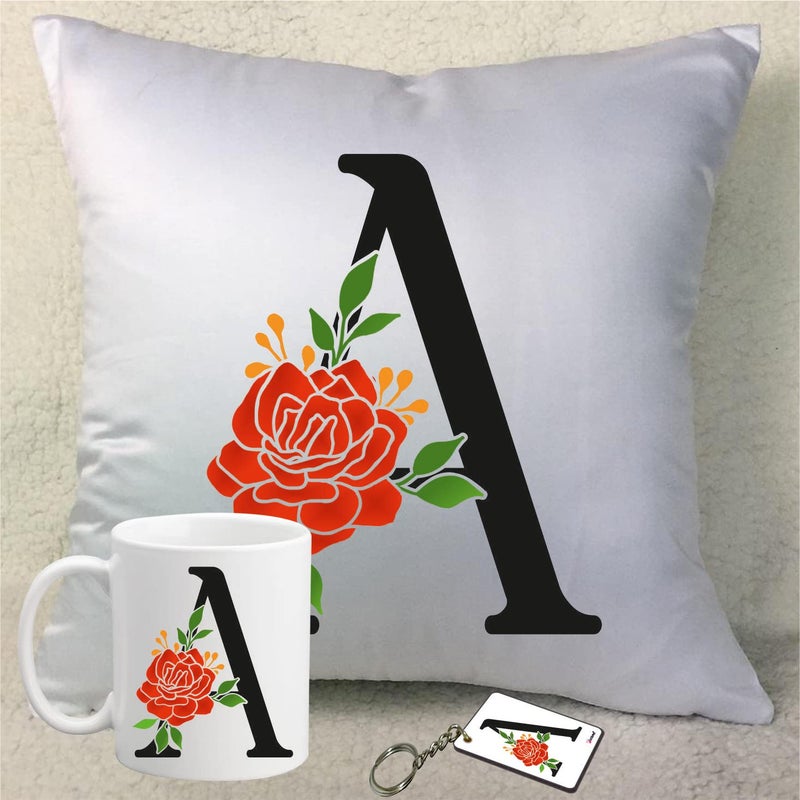 PICRAZEE PICRAZEE Name Initials Letter Alphabet Cushion Combos 1 PrintedCushion Cover with Filler1 Printed White Ceramic Mug 1 Printed Key Ring Alphabet A - Image 1