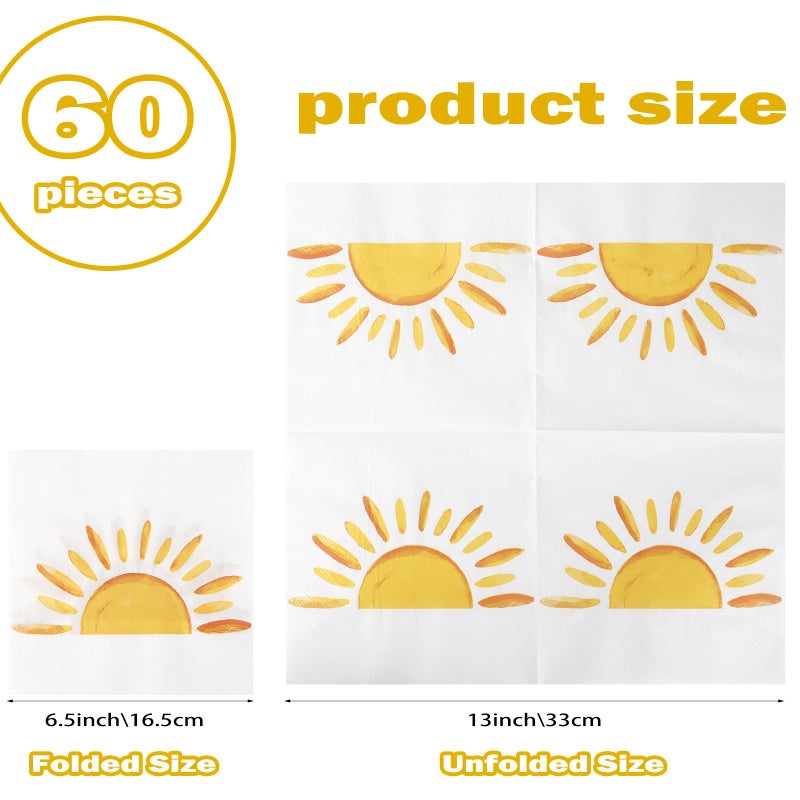 Adecortalk 60 Pcs Boho Sun Paper Napkins Sunshine Napkins First Trip Around The Sun Disposable Dinner Napkins Boho Sunshine Party Decorations for Boho Hippie Birthday Baby Shower Party Supplies - Image 5