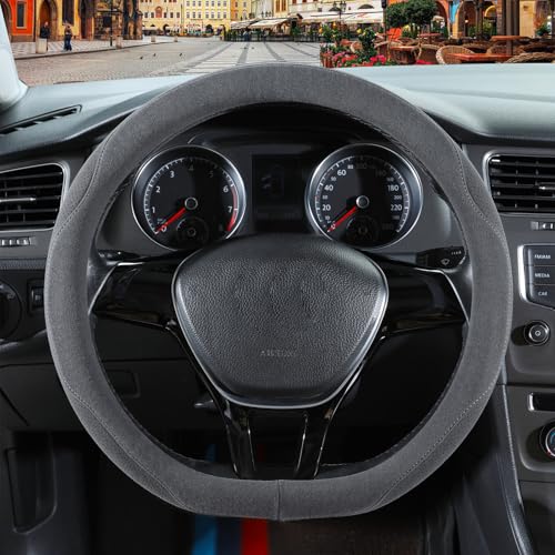 Binsheo Gray Suede D Shaped Steering Wheel Cover Breathable NonSlip SweatProof WearResistant No Pilling Warm in Winter and Cool in Summer Universal 15 inch - Image 3
