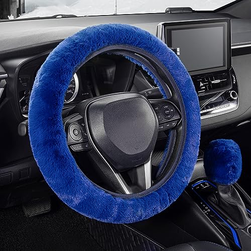SEG Direct Furry Car Steering Wheel Cover with Fluffy Gear Shift Cover Soft Warm NonSlip Car Decoration for Men Women Girls 2 PCS Set Blue - Image 1