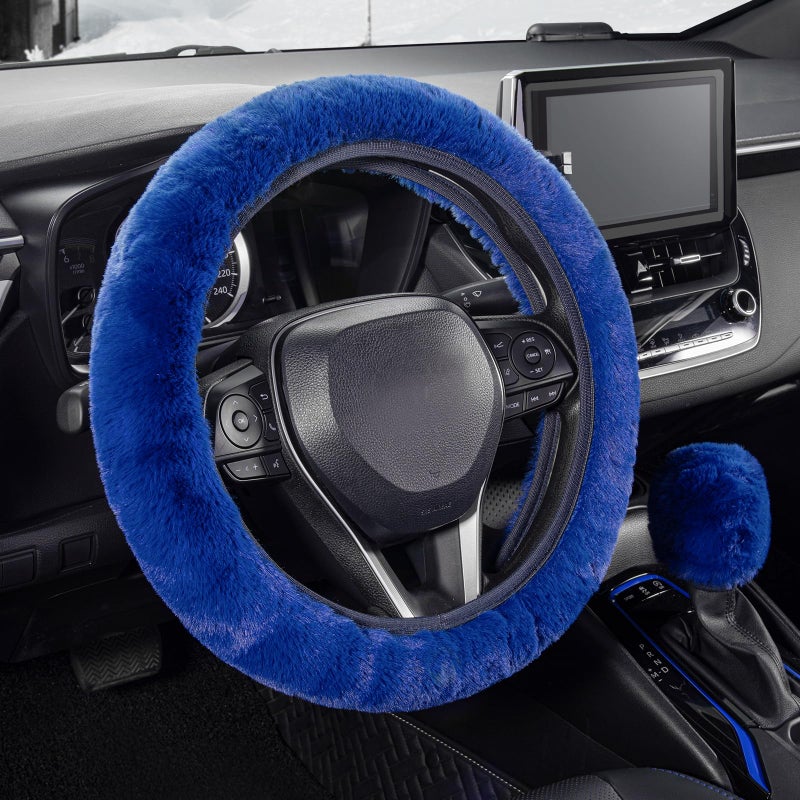 SEG Direct Furry Car Steering Wheel Cover with Fluffy Gear Shift Cover Soft Warm NonSlip Car Decoration for Men Women Girls 2 PCS Set Blue - Image 2