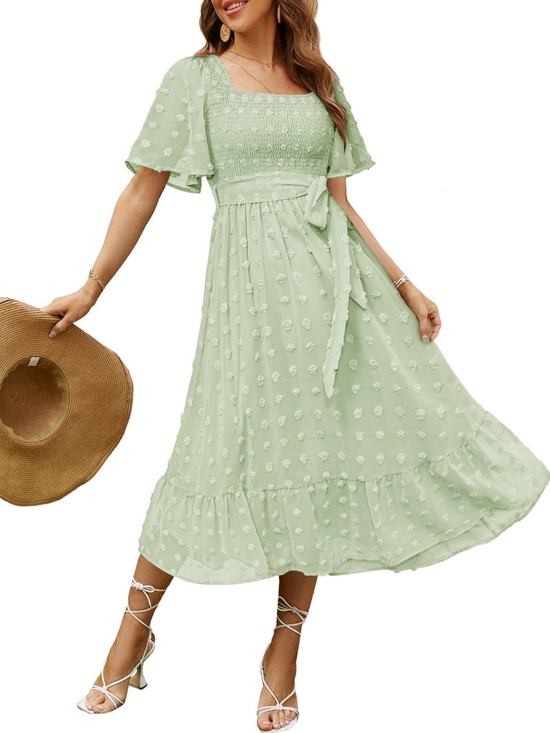 Amegoya Women's Midi Beach Wedding Guest Dress Square Neck Short Sleeve Summer Boho Maternity Dress for Photoshoot (Light Green M) - Image 1