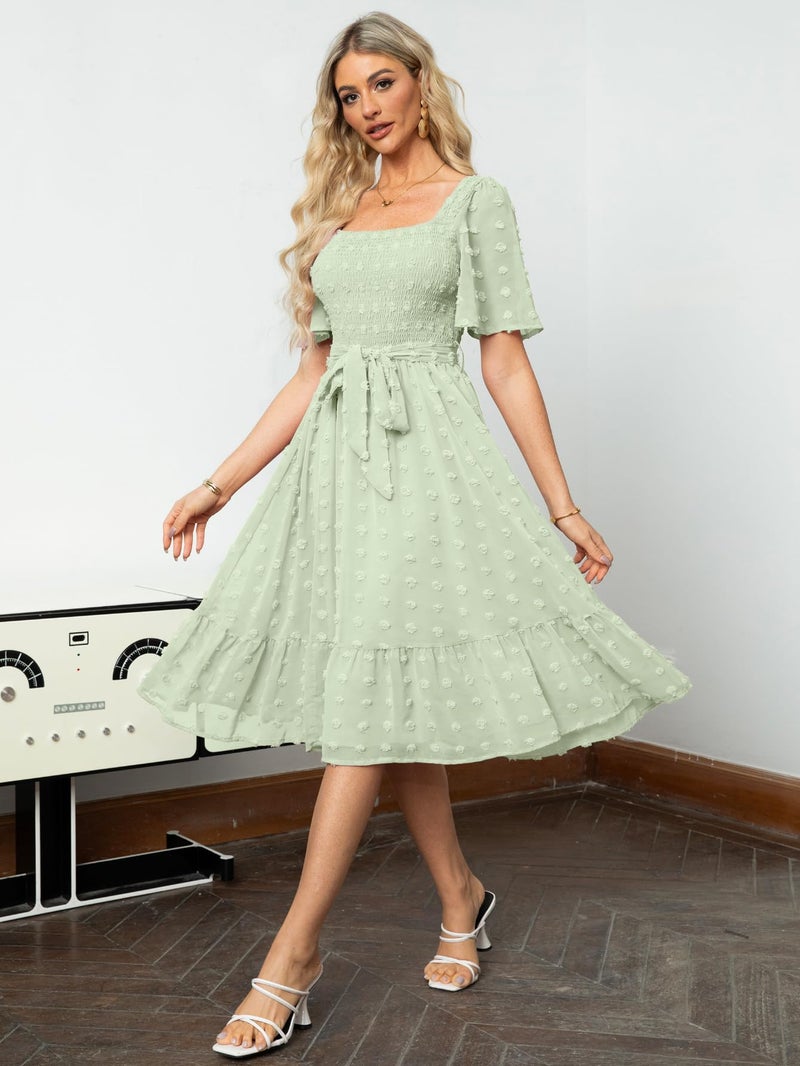 Amegoya Women's Midi Beach Wedding Guest Dress Square Neck Short Sleeve Summer Boho Maternity Dress for Photoshoot (Light Green M) - Image 3