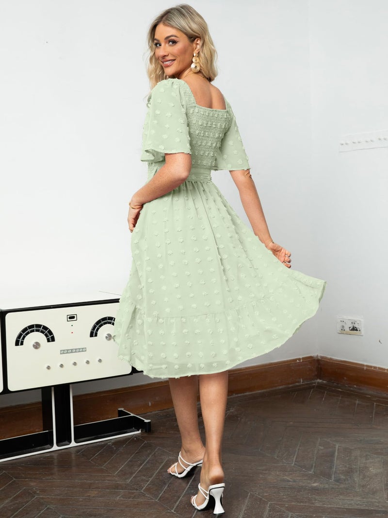 Amegoya Women's Midi Beach Wedding Guest Dress Square Neck Short Sleeve Summer Boho Maternity Dress for Photoshoot (Light Green M) - Image 4