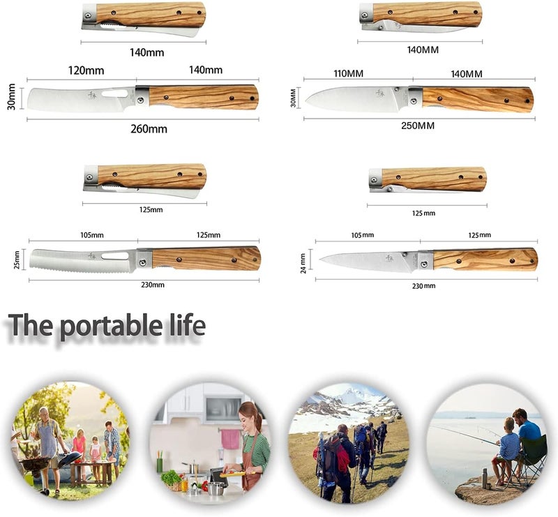 SENBON 440A stainless steel Gift wrapped 4 piece set sharp pocket folding Japanese chef knife universal peeling knife bread knife set portable kitchen knives with natural olive handle - Image 2