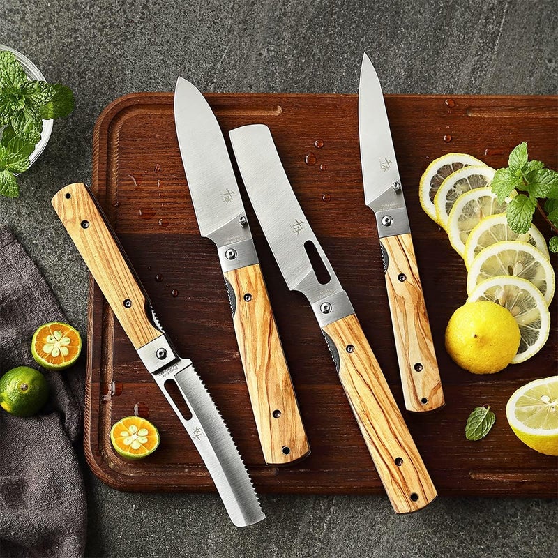 SENBON 440A stainless steel Gift wrapped 4 piece set sharp pocket folding Japanese chef knife universal peeling knife bread knife set portable kitchen knives with natural olive handle - Image 5